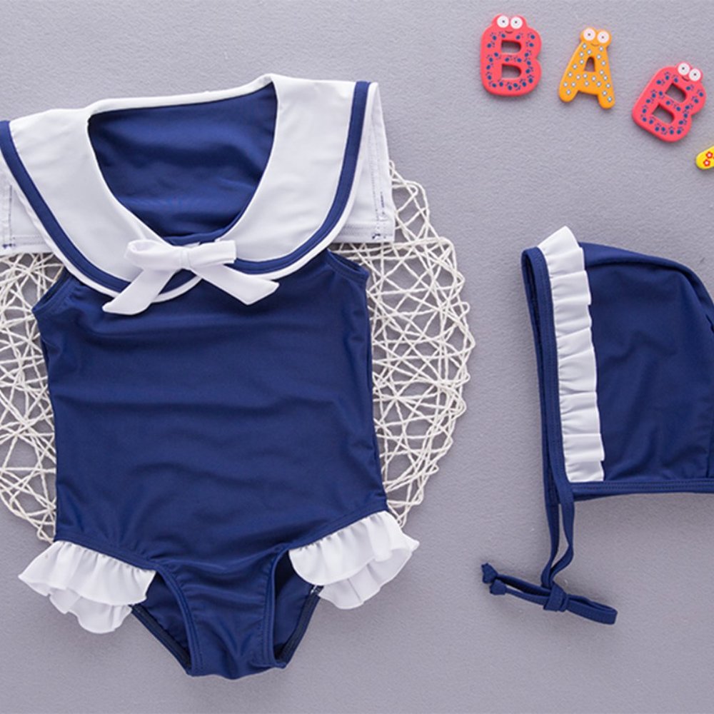 White Navy Sailor Little Girl One-Piece Swimsuit & Hat 2pcs Swimwear
